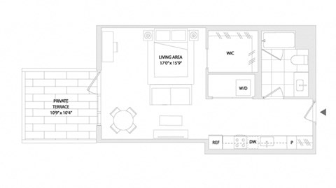 Floor plan for 1 bed, 1 bath, 772 sqft